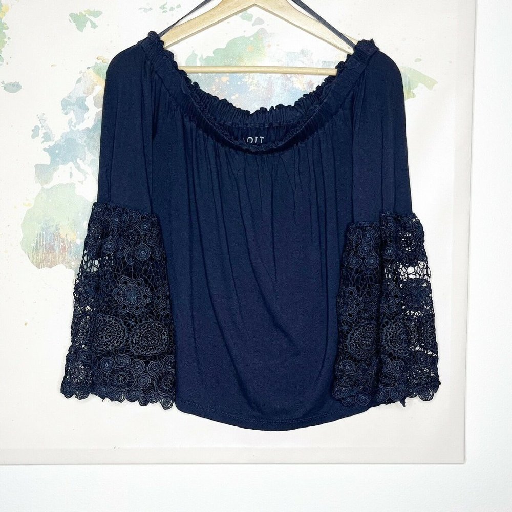 LOFT Size Small Top Dark Blue Off Shoulder Shirt Long Sleeve Crochet Lace Bell